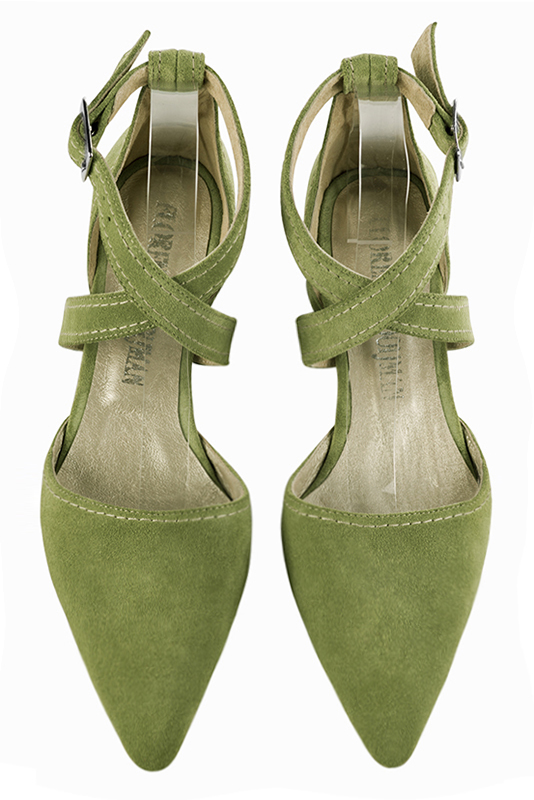 Pistachio green women's open side shoes, with crossed straps. Tapered toe. Low flare heels. Top view - Florence KOOIJMAN